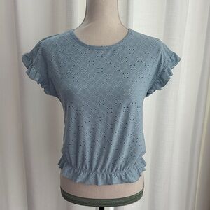 Rewind Light Blue Eyelet Ruffle Blouse